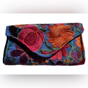 Vibrant multicolour floral embroidered clutch with snap closure, fully lined